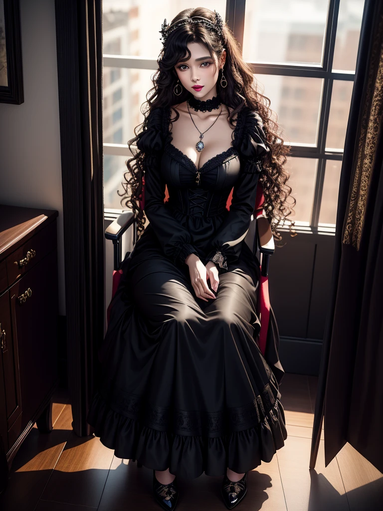 A curly-haired beauty sitting in a wheelchair，Classy and elegant，Eyes are very delicate，perfect fingers.，necklace，（（（hair accessories））），Long black dress、Looking at the scenery outside the room window，The light is dark，black lips，gothic style（（best quality））， （（intricate details））， （（Surrealism））（8k）