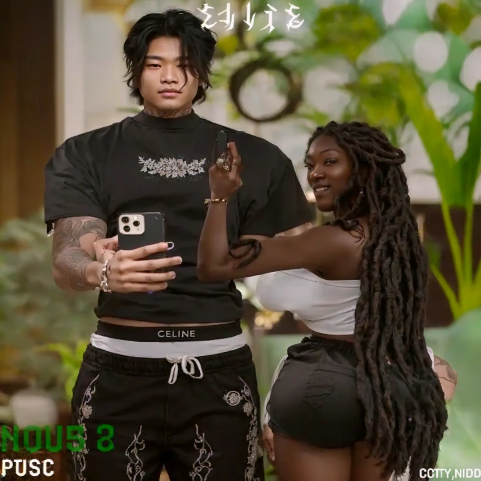 a young asian man taking a selfie with a smartphone, a dark-skinned woman with dreadlocks standing next to him, detailed facial features, high quality, photorealistic, 8K, HDR, studio lighting, cinematic lighting, intricate details, beautiful natural scenery, urban setting, city background, dynamic composition, storytelling, award winning photograph