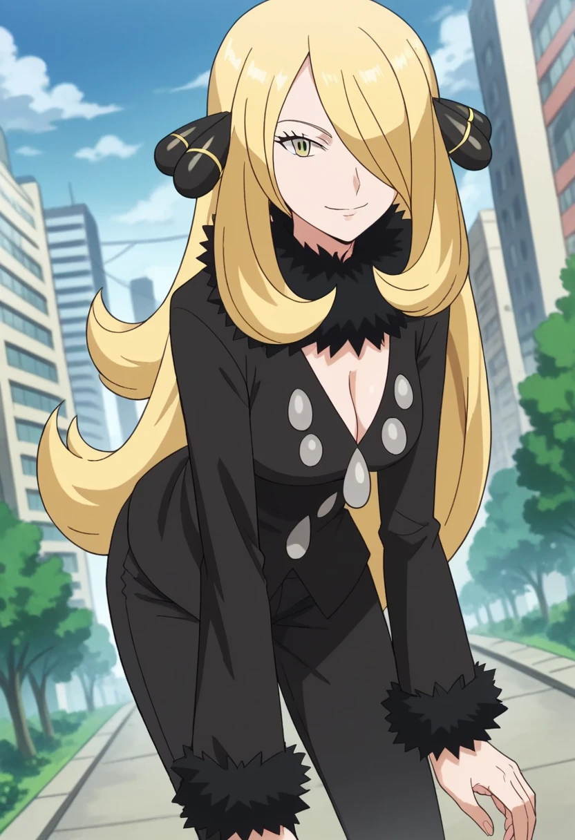 score_9, score_8_up, score_7_up, source_anime, pokemoncynthia, pokemoncynthia, blonde hair, hair ornament, hair over one eye, long hair, yellow eyes, black coat, black pants, black shirt, coat, fur collar, fur trim, fur-trimmed sleeves, pants, shirt, outdoors, cityscape, bent over, smile, looking at viewer, cowboy shot, dutch angle,