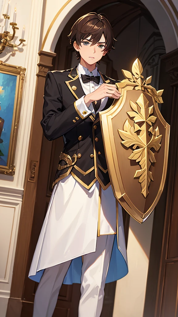 Boy, brown hair, formal, three shield, white and gold