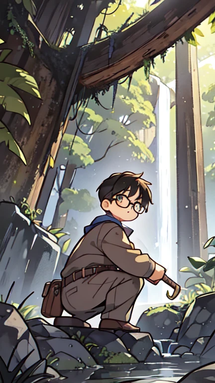 (Little), One boy, beard, Glasses, obesity, A scene of a solo explorer resting in front of a waterfall。Depicts the moment explorers discover ancient ruins。Explorers are dressed in vintage exploration gear.、I have a machete in my hand。Big tree in the background々And the dark green leaves spread、It depicts the vines entwining around.。Creates a mysterious atmosphere with sunlight streaming in、Position the wild animals so they can be seen in the distance。
