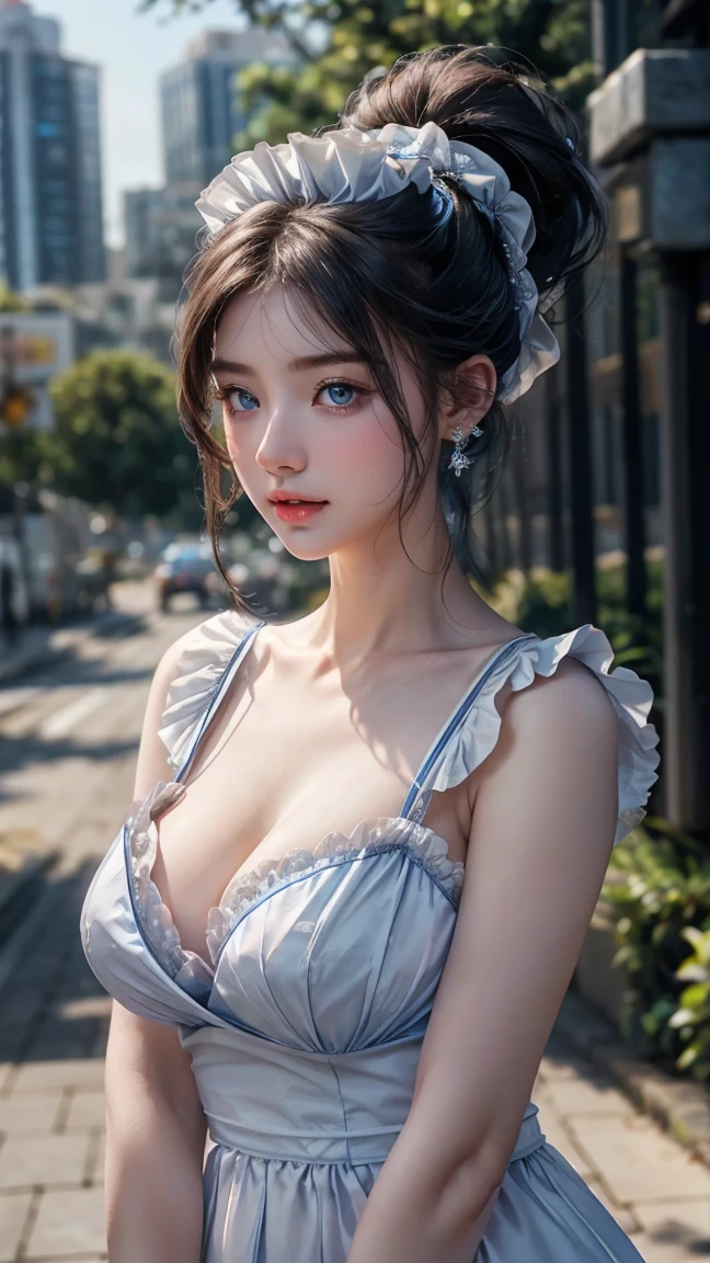 1 Girl, Beautiful, , 20 Years Old, White Skin, Sexy Look, Cleavage, ((Blue Maid Outfit)), Huge Colossal Chest, Blue Eye, Muscles:1.3, Outdoor, ((Bokeh:1.1)), Blue Glossy Hair, ((Diamond Earrings)), Apple Watch, Blue Coloured, ponytail 