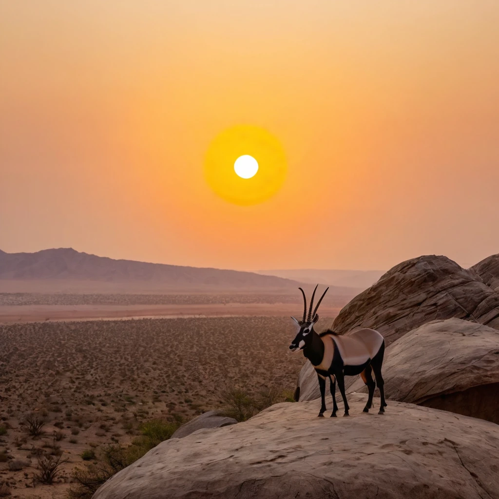 Oryx is standing on the rock, behind is the big circle sun set on the deseert