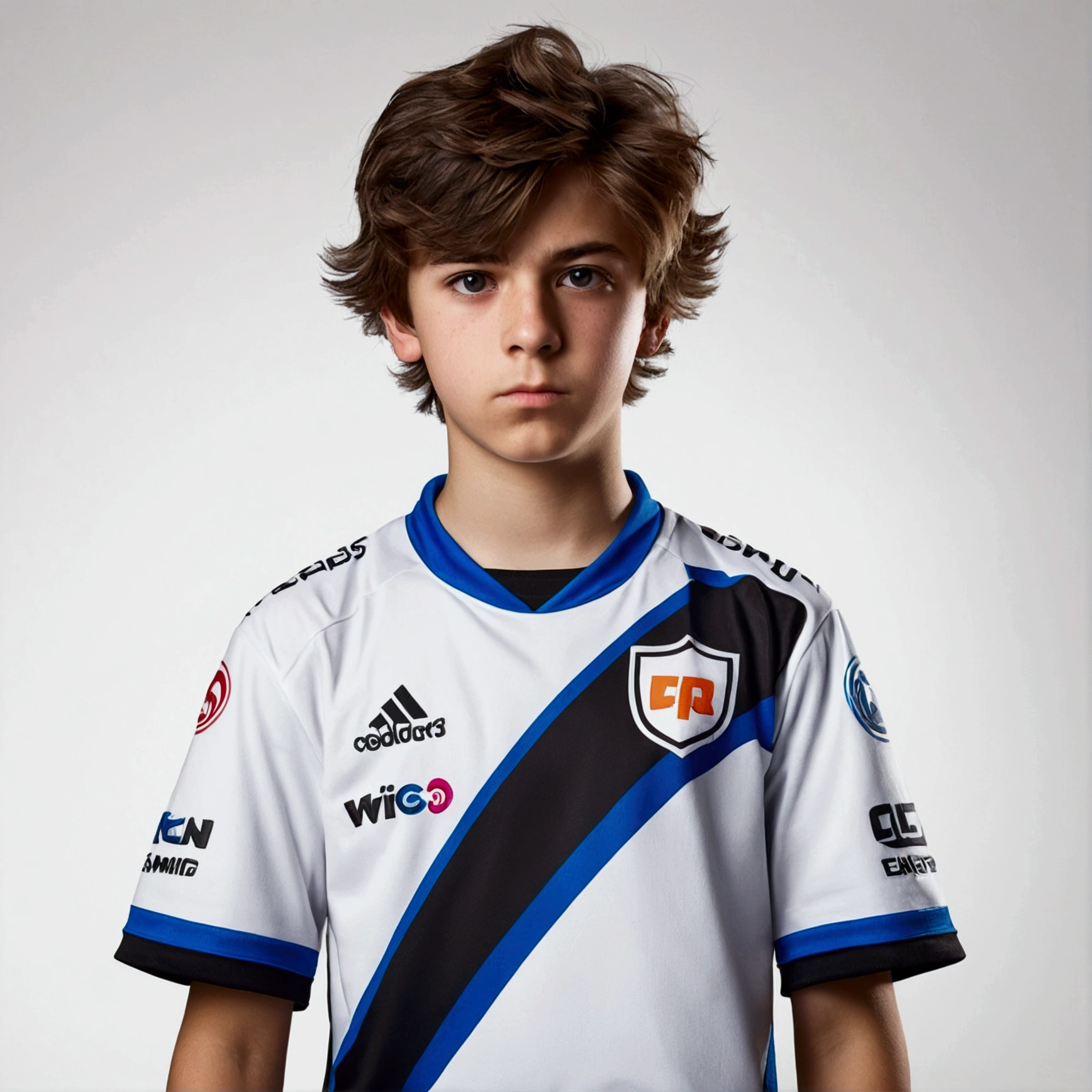 "Generate a realistic image of a teenage boy eSports player standing up. He has short, messy hair, has a focused expression on his face. He’s dressed in a branded eSports team jersey, with logos and a gamer tag visible. He should be holding a gaming controller in his hands. The background should be plain white, ensuring the focus remains on the player."