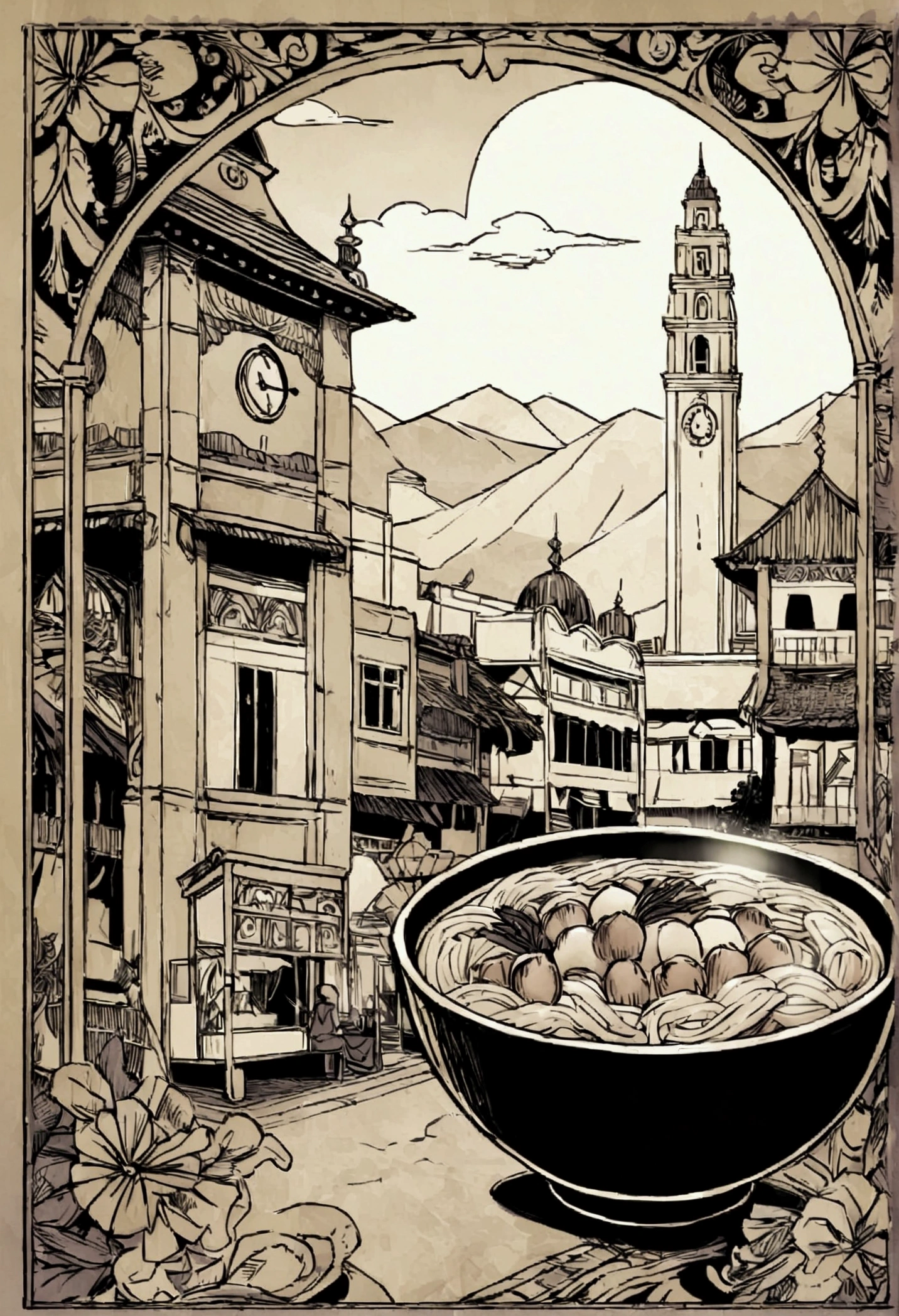 Create a vintage-style illustration featuring a bowl of shrimp noodle soup in the foreground, with an ornate border design. In the background, depict a picturesque scene with a prominent clock tower and traditional Malaysian architecture, including shophouses and a mosque with a dome. Include a old building restaurant and mountainous terrain. Use a sepia-toned color palette to give the illustration an antique feel.