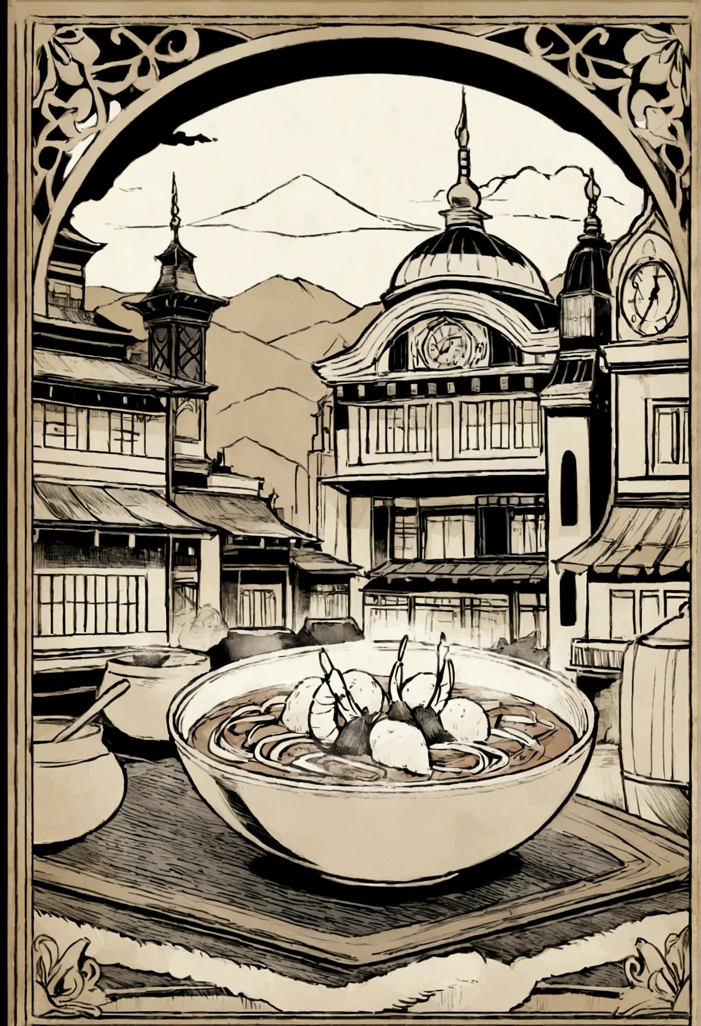 Create a vintage-style illustration featuring a bowl of shrimp noodle soup in the foreground, with an ornate border design. In the background, depict a picturesque scene with a prominent clock tower and traditional Malaysian architecture, including shophouses and a mosque with a dome. Include a old building restaurant and mountainous terrain. Use a sepia-toned color palette to give the illustration an antique feel.