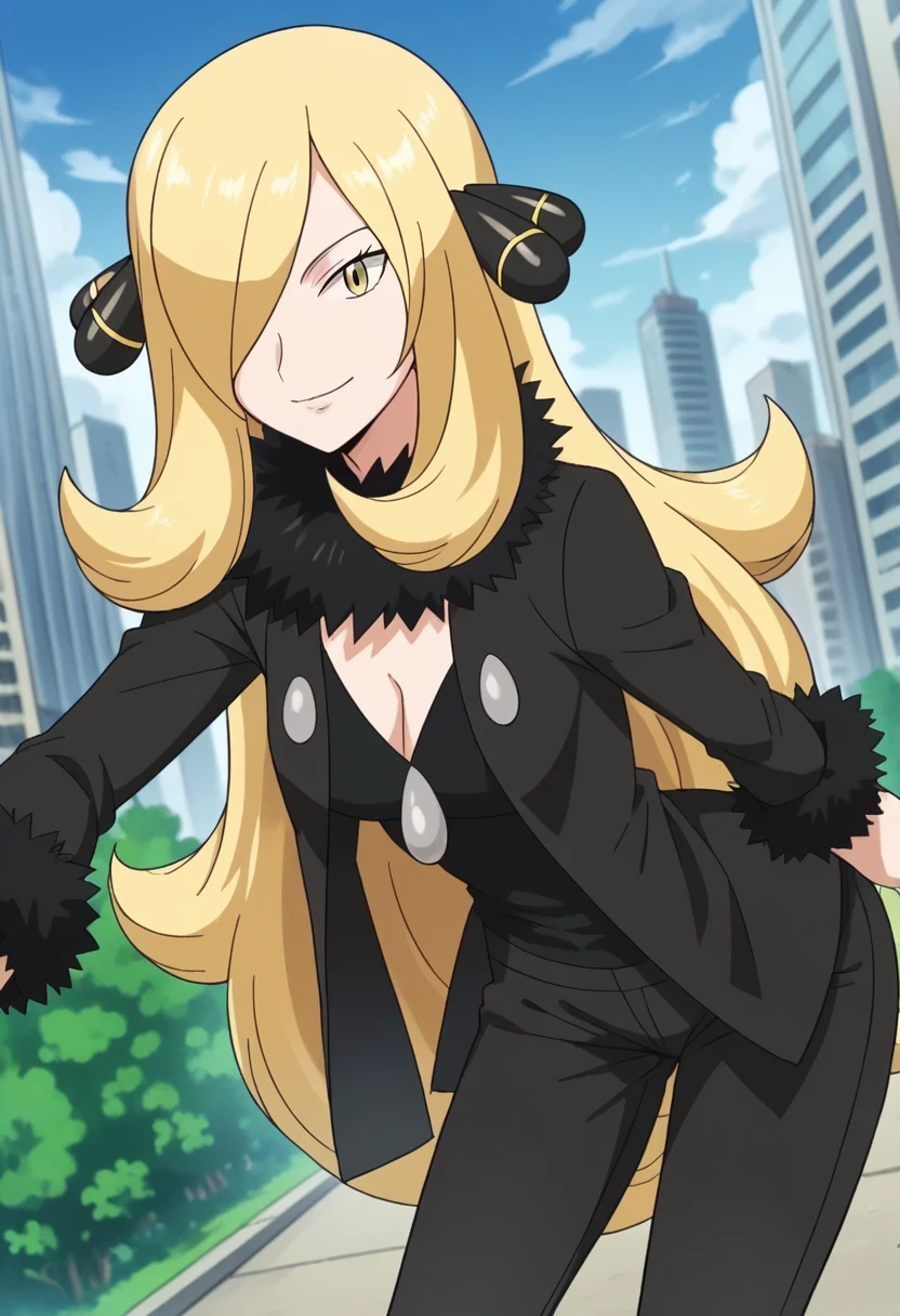 score_9, score_8_up, score_7_up, source_anime, pokemoncynthia, pokemoncynthia, blonde hair, hair ornament, hair over one eye, long hair, yellow eyes, black coat, black pants, black shirt, coat, fur collar, fur trim, fur-trimmed sleeves, pants, shirt, outdoors, cityscape, bent over, smile, looking at viewer, cowboy shot, dutch angle,