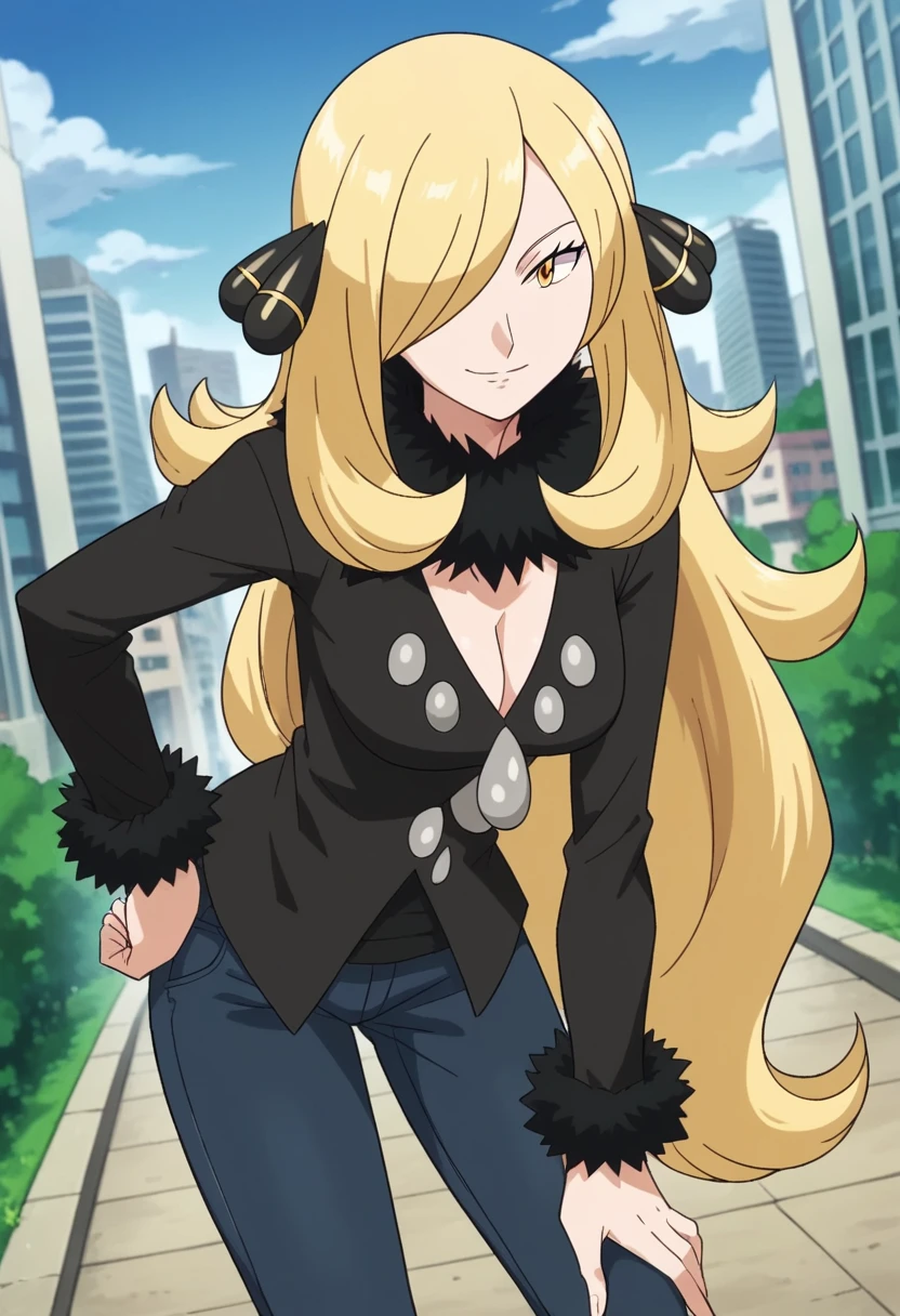 score_9, score_8_up, score_7_up, source_anime, pokemoncynthia, pokemoncynthia, blonde hair, hair ornament, hair over one eye, long hair, yellow eyes, black coat, black pants, black shirt, coat, fur collar, fur trim, fur-trimmed sleeves, pants, shirt, outdoors, cityscape, bent over, smile, looking at viewer, cowboy shot, dutch angle,