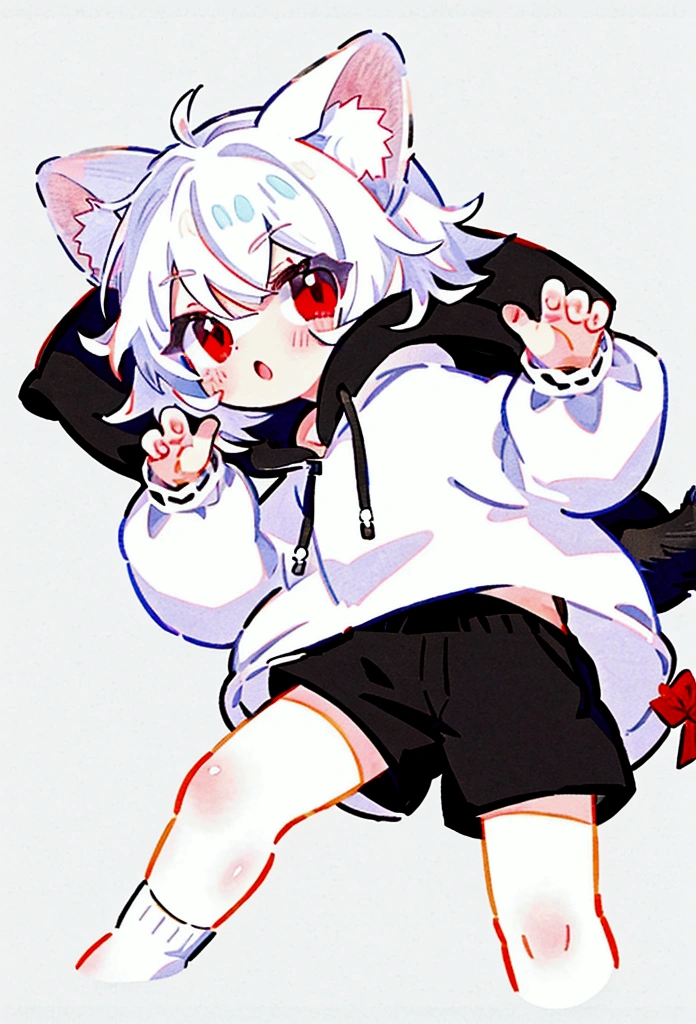 male, Short, has Long white hair, has wolf ears, has wolf tail, has blue eyes, wearing denim short shorts, thigh high fishnets, black combat boots, wearing cropped black hoodie, flat chest, super flat chest, solo femboy, only one femboy ((FLAT CHEST)) (ALONE)(SOLO) Alone, solo, wide hips, thicc thighs, male, is male