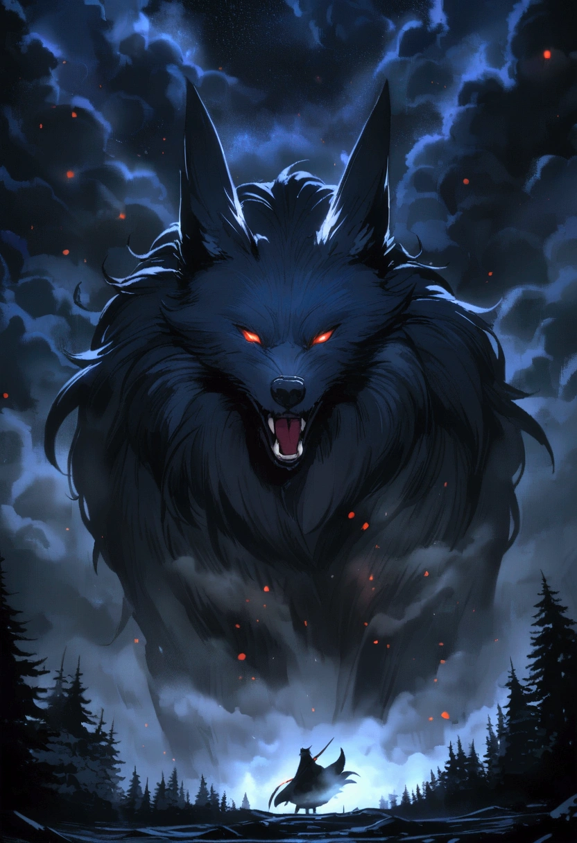 Under the cloak of night, amidst a celestial ballet of meteors and a shroud of dense fog, a ninja engages in a fierce clash with a colossal fox beast in the depths of the forest.