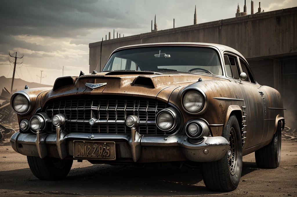 old rusty 1955 cadilac eldorado with spikes and spikes on the hood, steampunk car, dramatic art, dieselpunk art style, apocalyptic road warrior vibe, surreal digital art, mad max inspired, heavy metallic artwork, chrome face symmetry, arte steampunk digital, It's not the Mad Max style, metallic art, It's not Filip Hodas' art style, steampunk digital art, dieselpunk