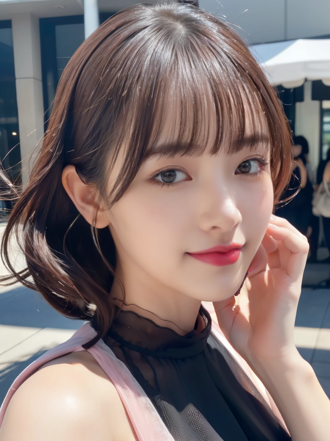 (RAW Photos, highest quality), (Realistic, Photorealistic:1.3), (Masterpiece), (Highest quality), High resolution, 8K resolution, (Intricate details), (Volumetric Light), Portraiture, woman, 30 years old, Medium Hair, Layered Hair, Brown Hair, Highly detailed eyes, Source order, Very thin eyebrows, Highly detailed skin, Highly detailed mouth, Highly detailed nose, Cute like an idol, Slender body, smile, ((Pink lipstick)), ((Look at the viewers)), (An elegant and transparent Black see-through short-sleeved dress :1.2), ((Random Body Orientation)), Sunny day cityscape background, Face looking at camera, Random body orientation,