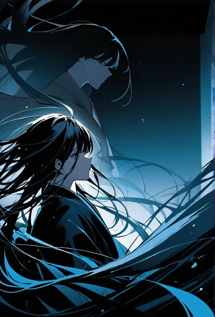 Japanese。male。Sharp black Eye。Very long black hair。profile。Plain blue kimono(Dressed in kimono)。A strong wind blows my hair back。Cover your eyes with hair。The background is blue light。Stand up straight。An illustration。picture。