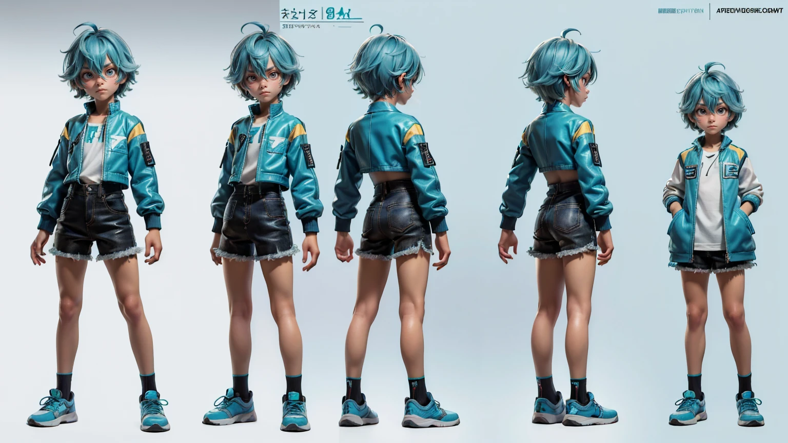 cute face boy, cute face, short height boy, wearing casual futuristic Turquoise color pent, Turquoise dress, full standing pose, Shaggy Hair hairs, Shaggy Hair hair style, sports shoes, Character Sheet, 12 yo student, Full body, Simple white background, front straight pose character reference sheet, Concept art, design sheet