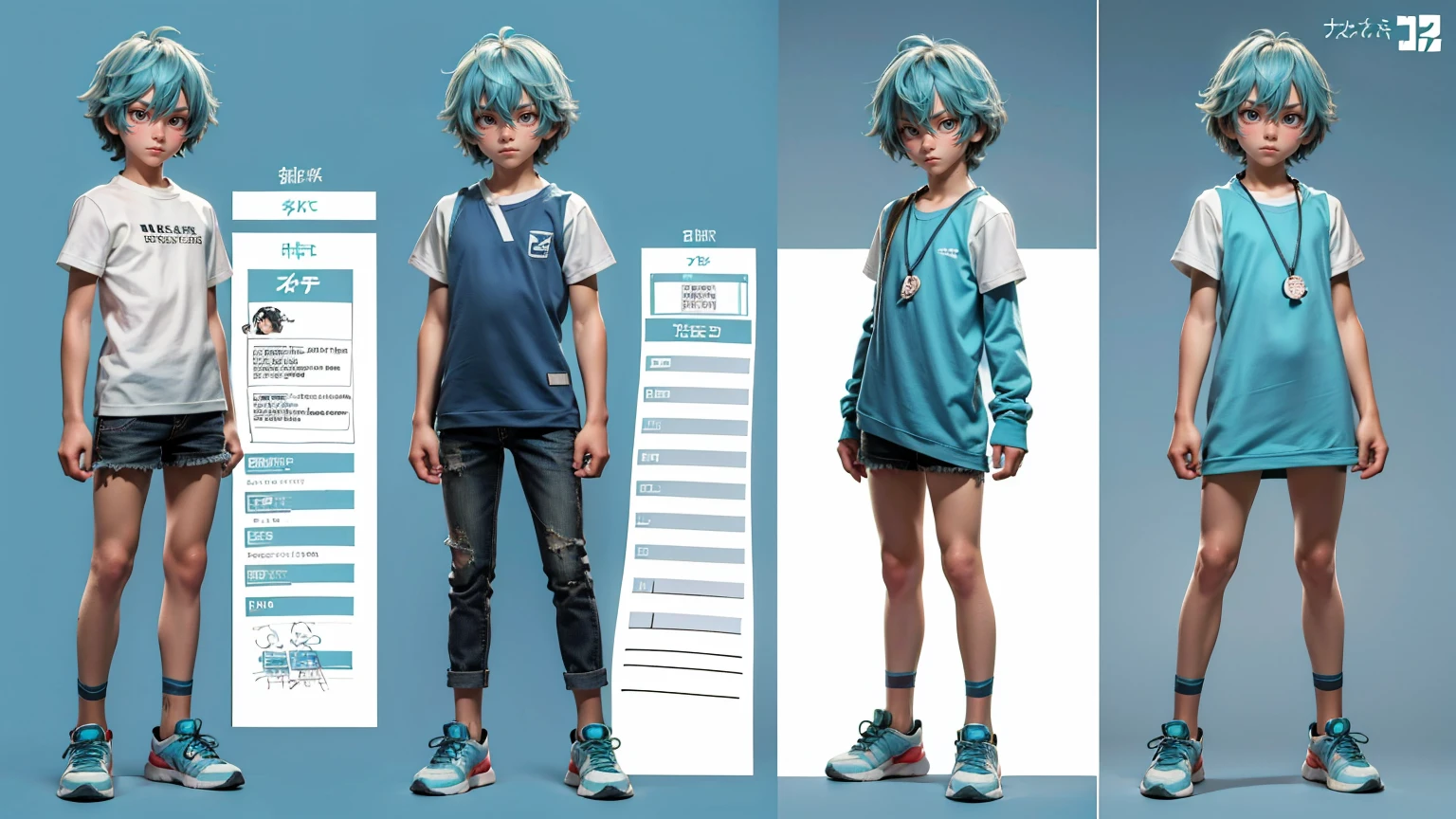 cute face boy, cute face, short height boy, wearing casual futuristic Turquoise color pent, Turquoise dress, full standing pose, Shaggy Hair hairs, Shaggy Hair hair style, sports shoes, Character Sheet, 12 yo student, Full body, Simple white background, front straight pose character reference sheet, Concept art, design sheet