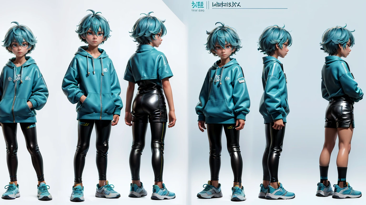 cute face boy, cute face, short height boy, wearing casual futuristic Turquoise color pent, Turquoise dress, full standing pose, Shaggy Hair hairs, Shaggy Hair hair style, sports shoes, Character Sheet, 12 yo student, Full body, Simple white background, front straight pose character reference sheet, Concept art, design sheet