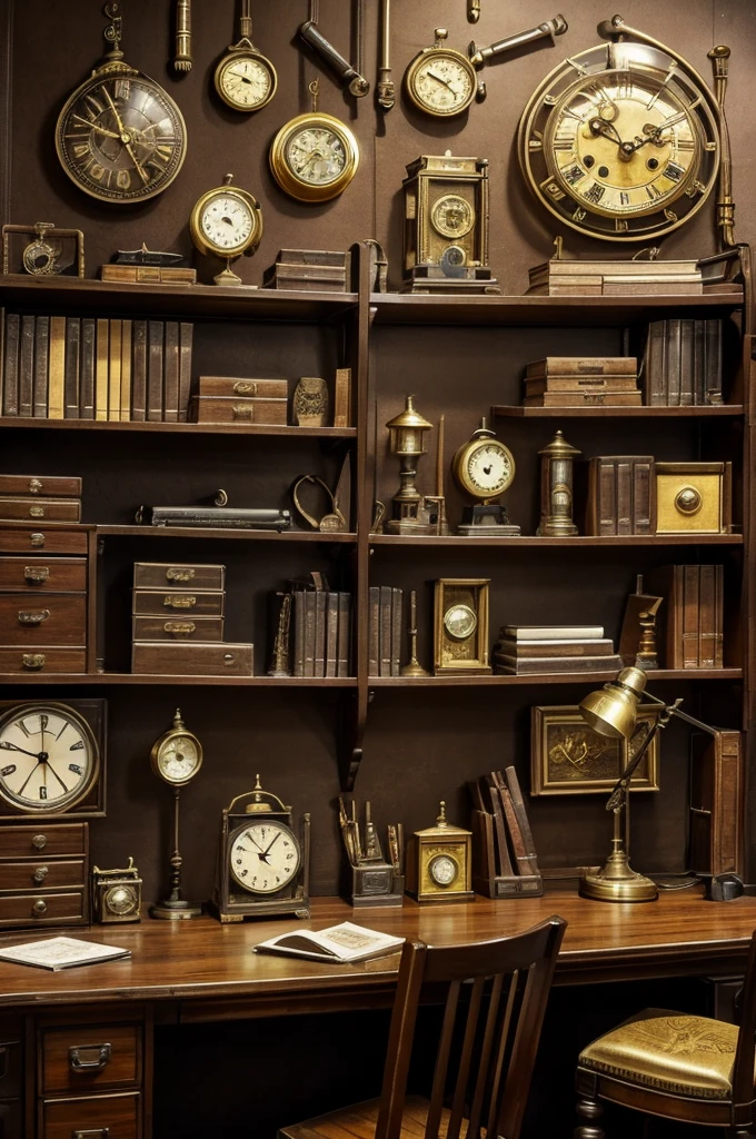 Steampunk theme, office is quite large but messy a little, on the wall behind the desk and chair a golden clock is attached to the wall. There are a bunch of tools, mechanical things, and other items that look like old objects piled on the desk and on each side of the desk