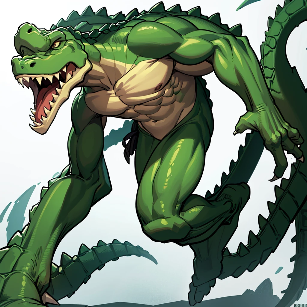 (((Solo)))、(Full body character concept)、8k、Best illustrations、Best Quality((((No humans)))), reptiles,, green body, Crocodile human, Muscular,、Combat Stance、(Crocodile scaleovement angle、(White background)