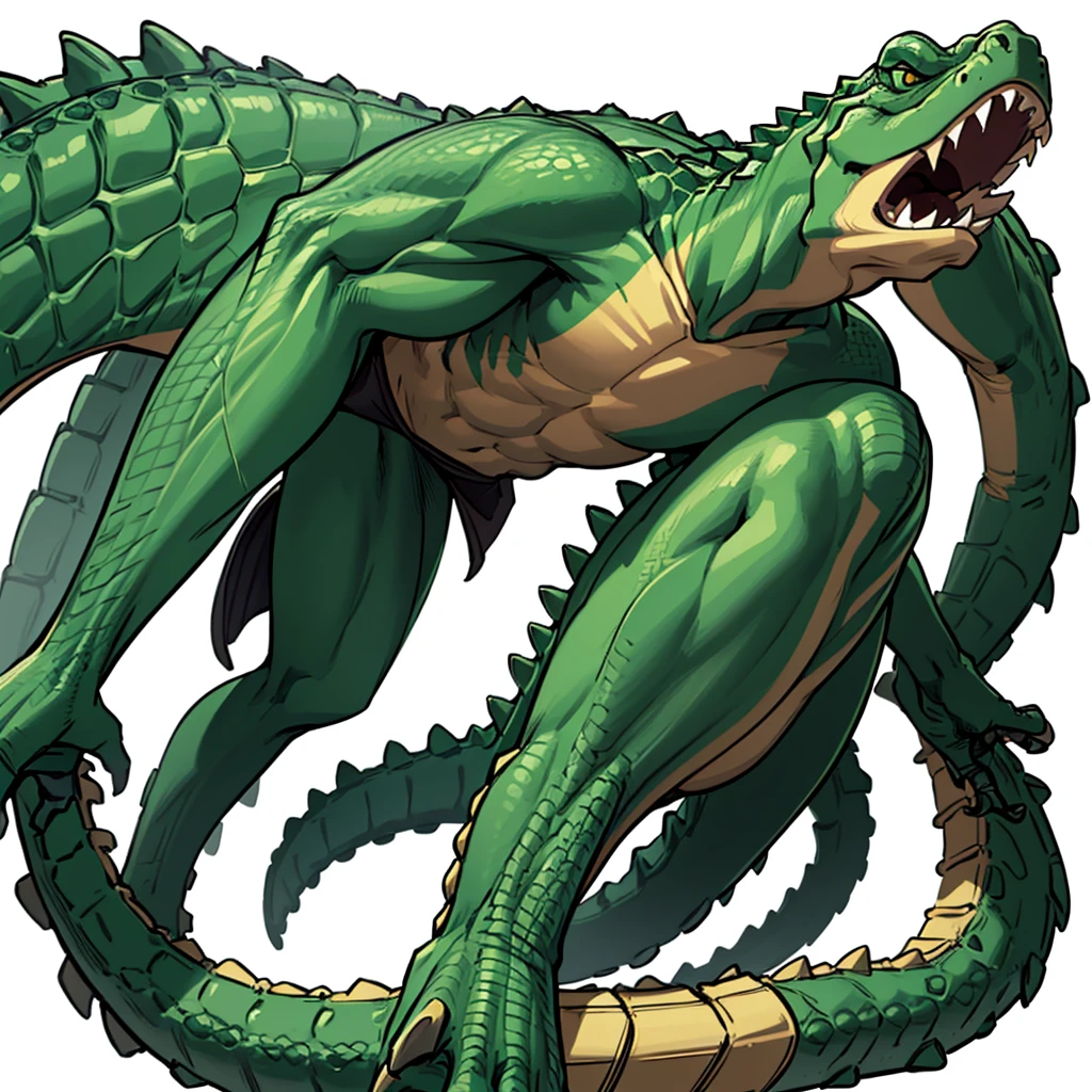 (((Solo)))、(Full body character concept)、8k、Best illustrations、Best Quality((((No humans)))), reptiles,, green body, Crocodile human, Muscular,、Combat Stance、(Crocodile scaleovement angle、(White background)