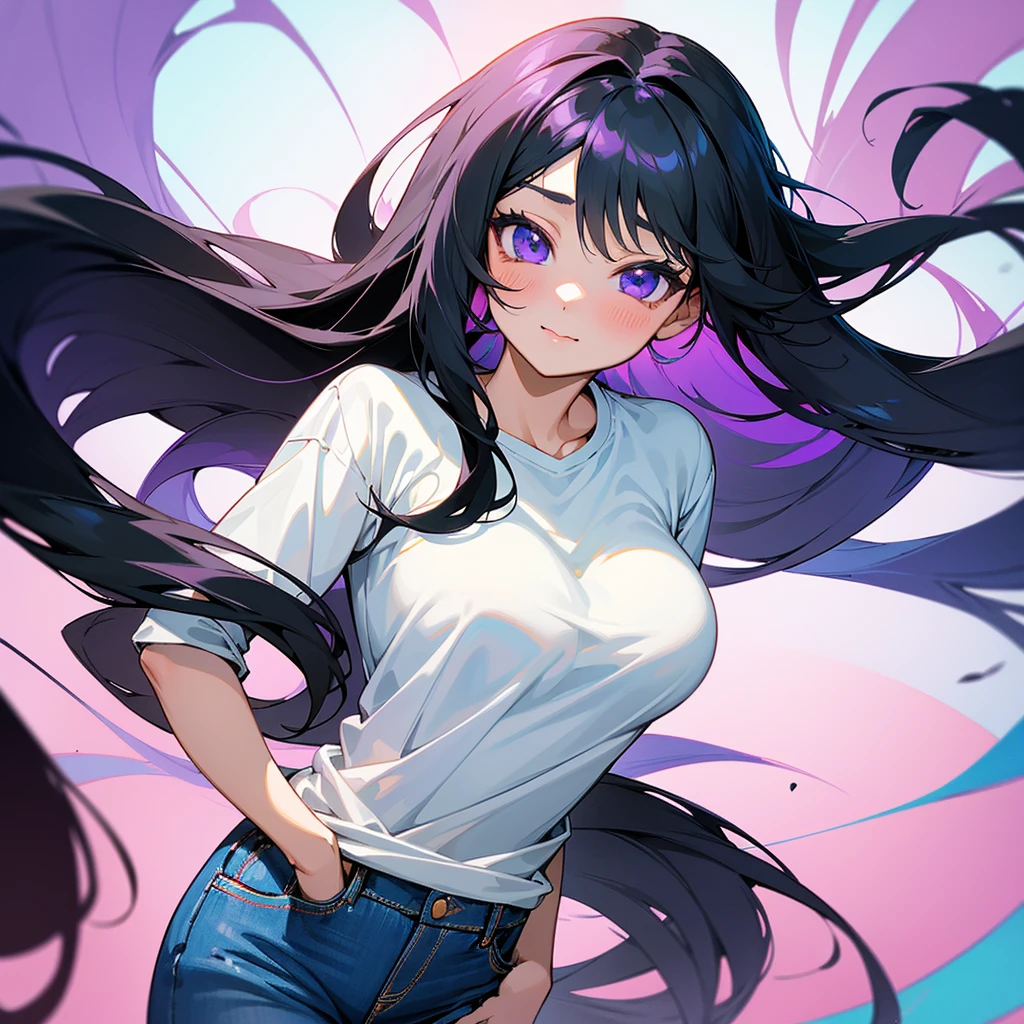 a woman with long black hair wearing a white shirt, violet coloured t-shirt, cute anime girl portrait, cute anime girl, kawaii shirt and jeans, anime visual of a cute girl, (anime girl), cute anime girl portraits, beautiful anime girl, portrait anime girl, oppai, pretty anime girl, portrait of cute anime girl, attractive anime girl, shirt