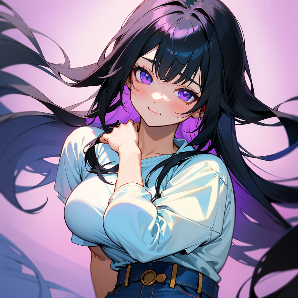 a woman with long black hair wearing a white shirt, violet coloured t-shirt, cute anime girl portrait, cute anime girl, kawaii shirt and jeans, anime visual of a cute girl, (anime girl), cute anime girl portraits, beautiful anime girl, portrait anime girl, oppai, pretty anime girl, portrait of cute anime girl, attractive anime girl, shirt