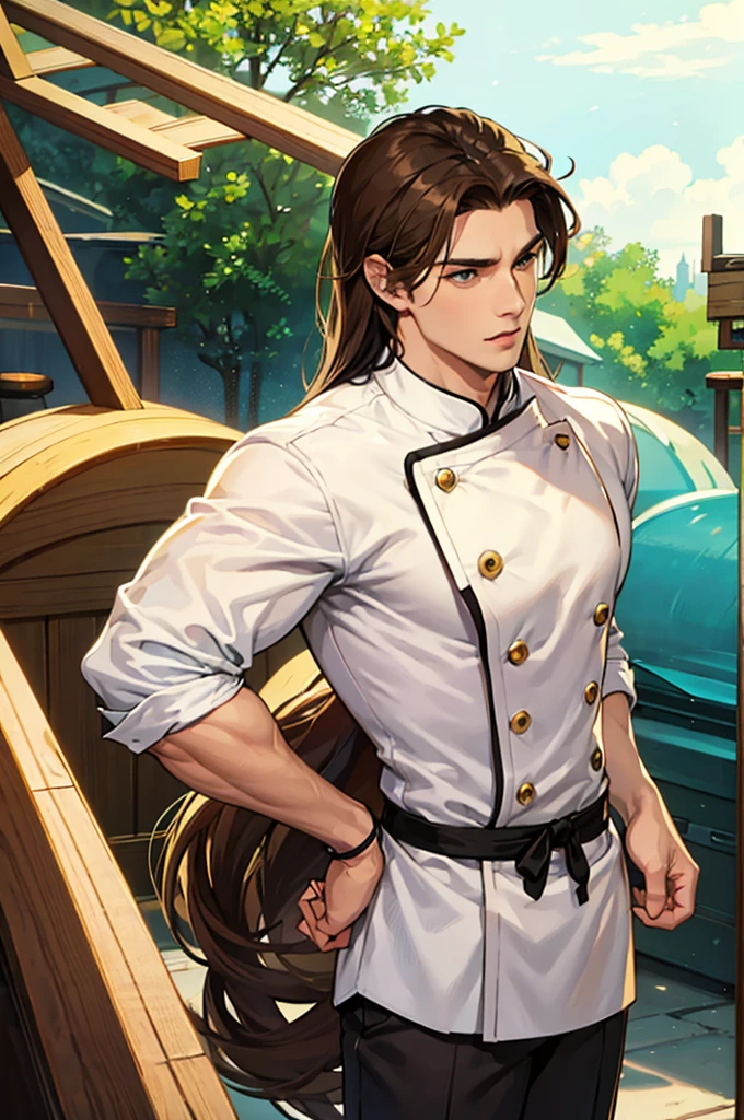 a handsome man, long brown hair, greeneyes, foxy eyes, strong bodie, strong physique, calm countenance, chef clothes