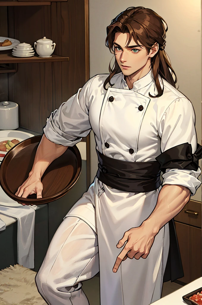 a handsome man, long brown hair, greeneyes, foxy eyes, strong bodie, strong physique, calm countenance, chef clothes