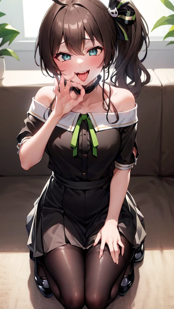 ((((Open your mouth))))、masterpiece,Highest quality,High resolution,Very detailed,bb Festival,meだium hair,skinny,Ahoge,Brown Hair,((((( Captivating smile ))))),skinny,Hair between the eyes,bangs,Hair Ribbon,Black choker,Earrings,Black Ribbon,plaiだ shirt,Grey Shirt,Shoulder cut-outs,Short sleeve,See-through sleeves,Black Skirt,High Waist Skirt,Race,(((( Perfect Fingers )))) , shoes,(black shoes:1.4),Race trim,shoes,Black footwear,indoor,(Cafe:1.2),((Blowjob Gestures:1.5))、Open your mouth ,Sitting,Chair,Heavy breathing ,Put your hand in front of your mouth,Put your hand in front of your mouth, manga,article,magazine、(Black Mask:1.2, Remove the mask:1.3)