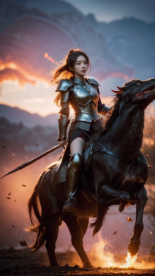 a beautiful girl, dragon, bokeh, realistic lighting, blood, war, the girl in shining battle armor stands before a massive dragon with wide wings, surrounded by the chaos of battle with soldiers and horses, dim light from the setting sun filtering through the smoke, tension and determination visible on the girl's face, photography, (full body shot), shot with a Canon EOS R5 camera with an 85mm f/1.2 lens
