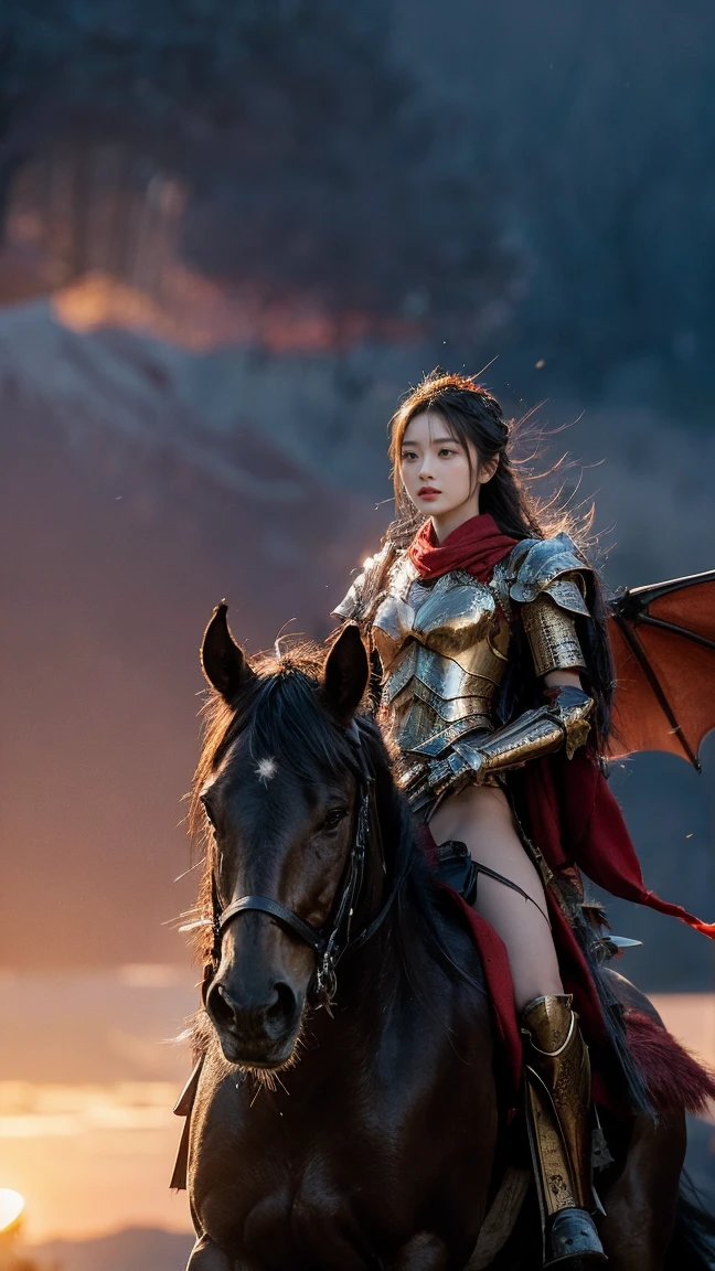 a beautiful girl, dragon, bokeh, realistic lighting, blood, war, the girl in shining battle armor stands before a massive dragon with wide wings, surrounded by the chaos of battle with soldiers and horses, dim light from the setting sun filtering through the smoke, tension and determination visible on the girl's face, photography, (full body shot), shot with a Canon EOS R5 camera with an 85mm f/1.2 lens