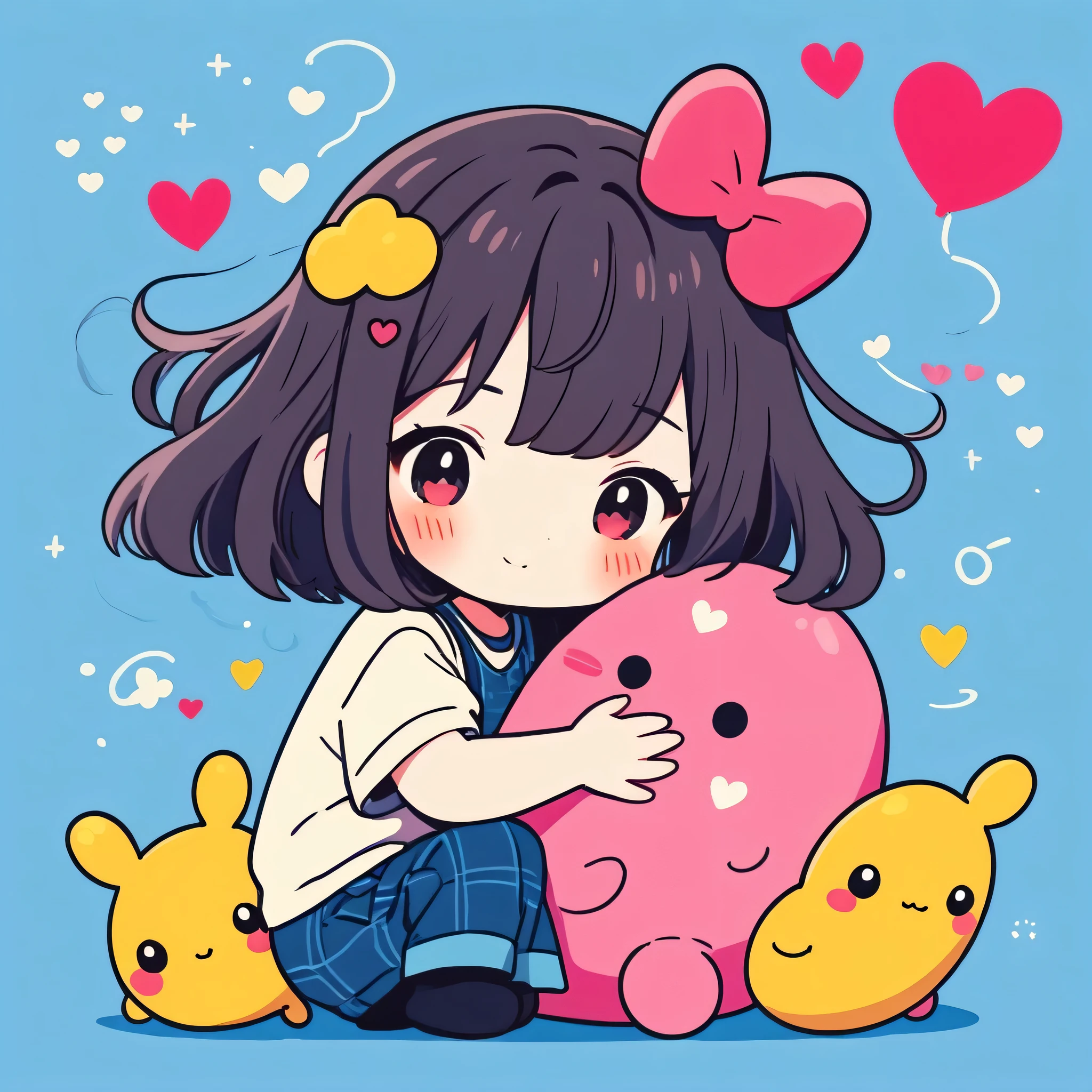 Momoko Sakura colorful style, Simple Line Initialism,Abstract art,Kawaii Design, The most beautiful girl of all time、chibi, (((Hug pillbugs))), (((Cute pillbugs))), colorful hearts, summer version,