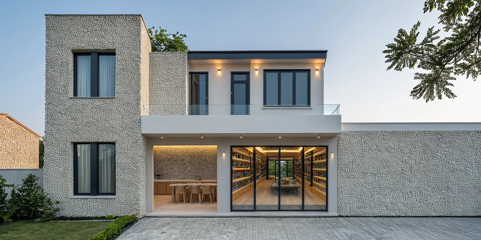 2-storey townhouse, Minimalist architecture. The main paint color is bright, stone wall accents, There is a display of confetti on the stone-covered school, Afternoon light. surrealist house