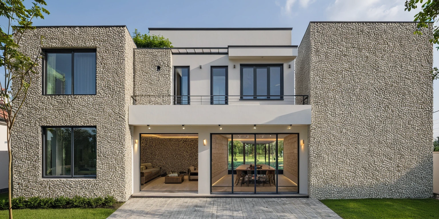 2-storey townhouse, Minimalist architecture. The main paint color is bright, stone wall accents, There is a display of confetti on the stone-covered school, Afternoon light. surrealist house