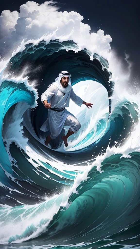 An arabic man with white clothes swimming on middle a sea. Storm everywhere. Dark sky. Big waves.
