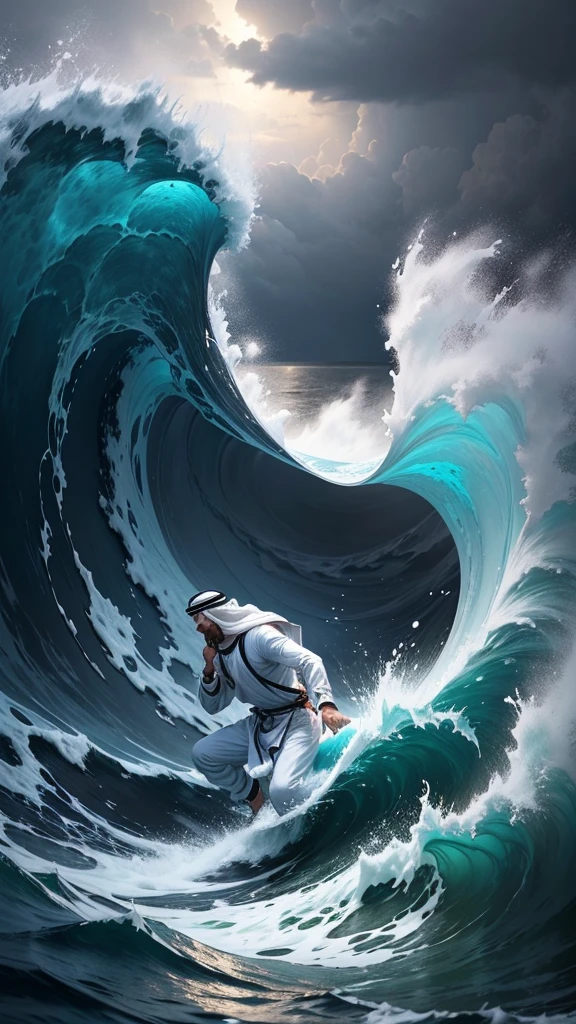 An arabic man with white clothes swimming on middle a sea. Storm everywhere. Dark sky. Big waves.