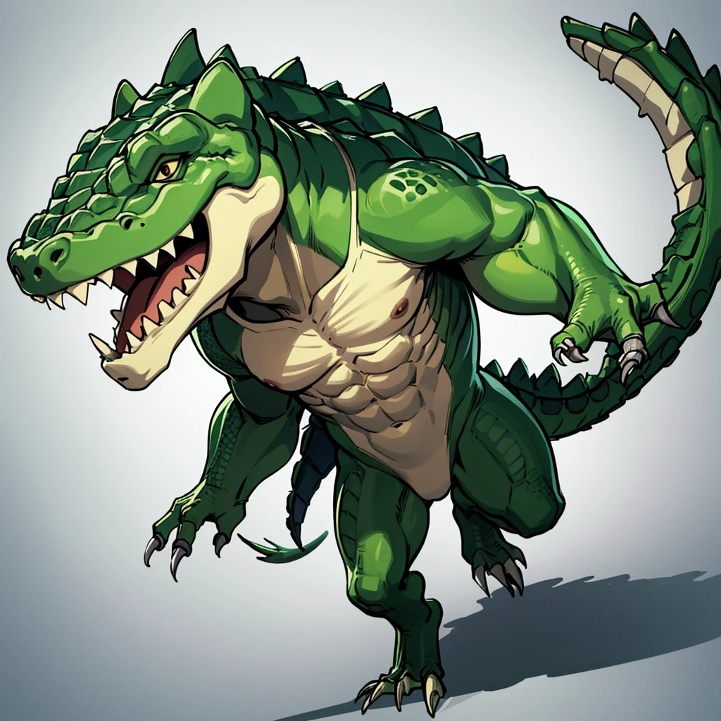 (((Solo)))、(Full body character concept)、8k、Best illustrations、Best Quality((((No humans)))), reptiles,, green body, Crocodile human, Muscular,、Combat Stance、(Crocodile scales)、From above at an angle、Movement angle、(White background)