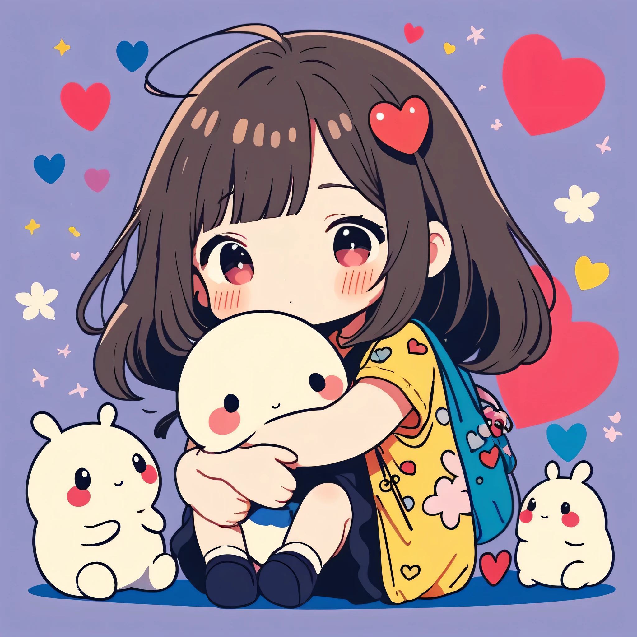 Momoko Sakura colorful style, Simple Line Initialism,Abstract art,Kawaii Design, The most beautiful girl of all time、chibi, (((Hug pillbugs))), (((Cute pillbugs))), colorful hearts, summer version,