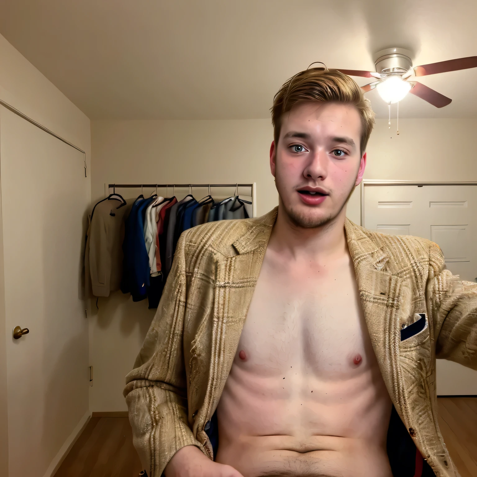 hyper realistic candid photo of a 24yo redneck male, average, bunker, analog style, masterpiece, pubic hair, celebrating, short hair, slightly hairy chest, suit jacket, selfie
