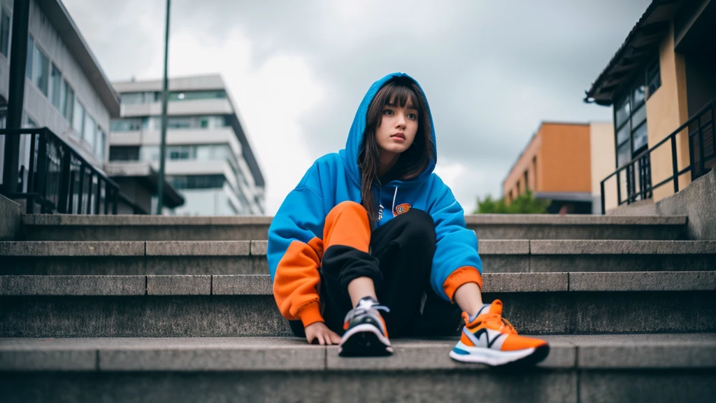 1 girl,blue sky,blurred background,architecture,City,cloud,cloudy sky,sky,depth of field,hood,hooded Jacket,hoodie,Jacket,Side,Orange Hoodie,look up,Shoe close to the camera,from below,whole body,lips,long sleeve,looking at the audience,motion blur,outdoor,parted lips,railing,shoe,shorts,sitting,sky,Sports shoes,alone,stairs