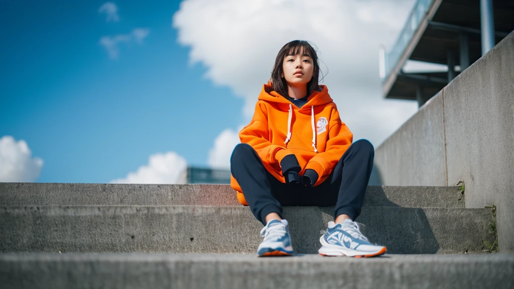 1 girl,blue sky,blurred background,architecture,City,cloud,cloudy sky,sky,depth of field,hood,hooded Jacket,hoodie,Jacket,Side,Orange Hoodie,look up,Shoe close to the camera,from below,whole body,lips,long sleeve,looking at the audience,motion blur,outdoor,parted lips,railing,shoe,shorts,sitting,sky,Sports shoes,alone,stairs
