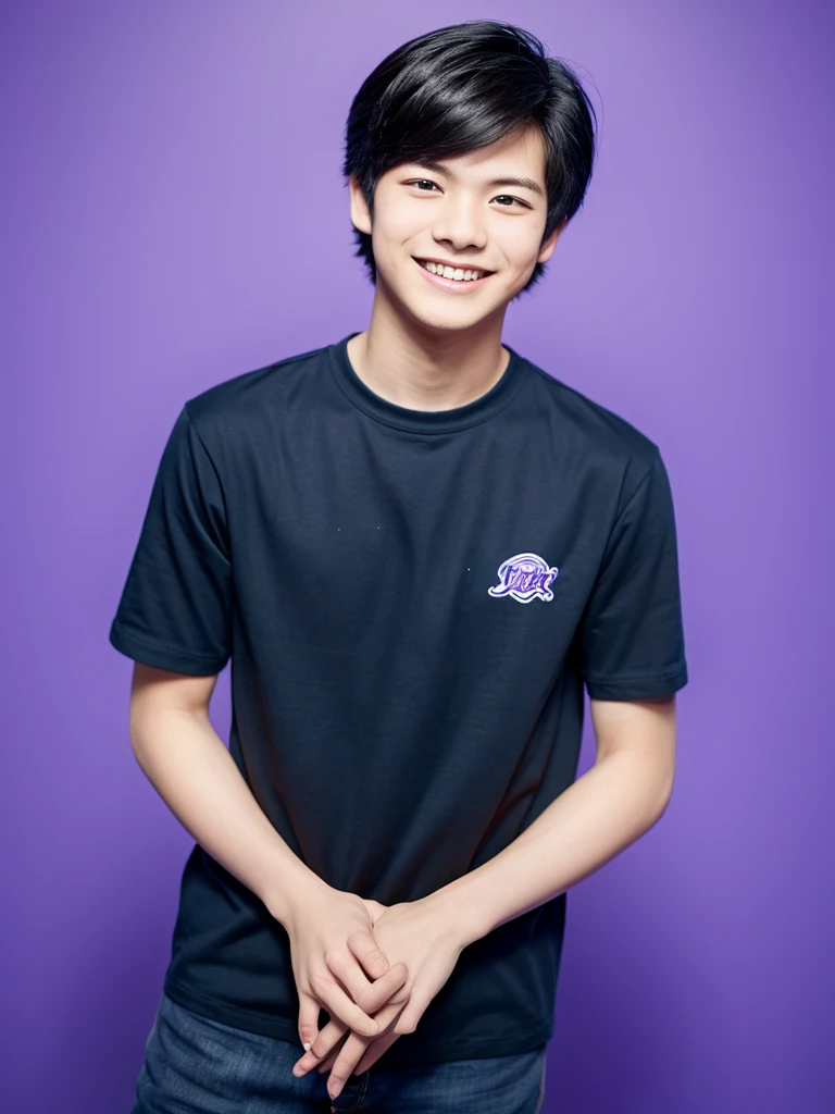 19 year old a Cute smiling young boy with Styles black hair, wearing a blue shirt  in a stylized font, set against a purple background. "Photo Realistic 42.5mm f/1.2 Lens, 32k