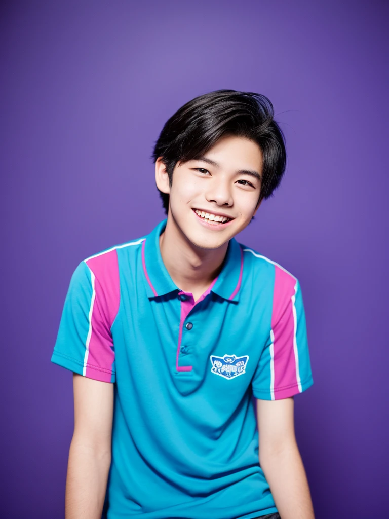 19 year old a Cute smiling young boy with Styles black hair, wearing a blue shirt in a stylized font, set against a purple background. "Photo Realistic 42.5mm f/1.2 Lens, 32k