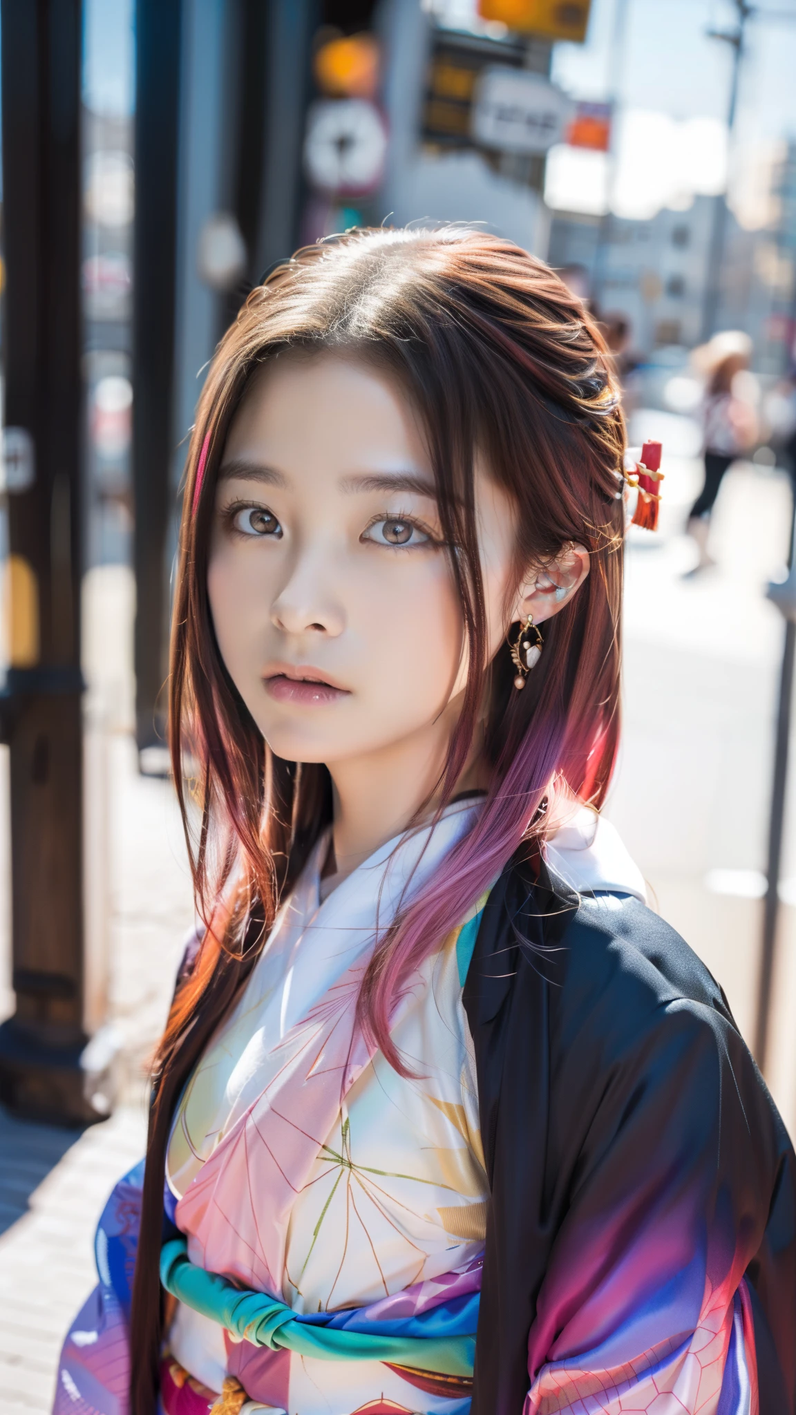Cute Japanese female, (), (Very cute face: 1.3), White moist skin, Looking at the camera, Melancholy expression,
BREAK,
Idol,
BREAK,
(Wearing cute kimono: 1.3), (Highly revealing kimono), Very large earrings, Short length,
BREAK,
(Fighting pose: 1.3),
BREAK,
(Long hair), (Pink hair: 1.2), (Wavy hair), (Gradient hair: 1.3), (Red hair at the ends),
BREAK,
(Realistic: 1.3), Masterpiece, Perfect lighting, (Ultra-high resolution), (8K), (Highly detailed: 1.4), (From the front), (Full body: 1.3), (Symmetrical: 1.2),
BREAK,
(Japanese city streets: 1.2),
BREAK,
(Demon Slayer: 1.4),
BREAK,
(Hashimoto Kanna: 1.2),