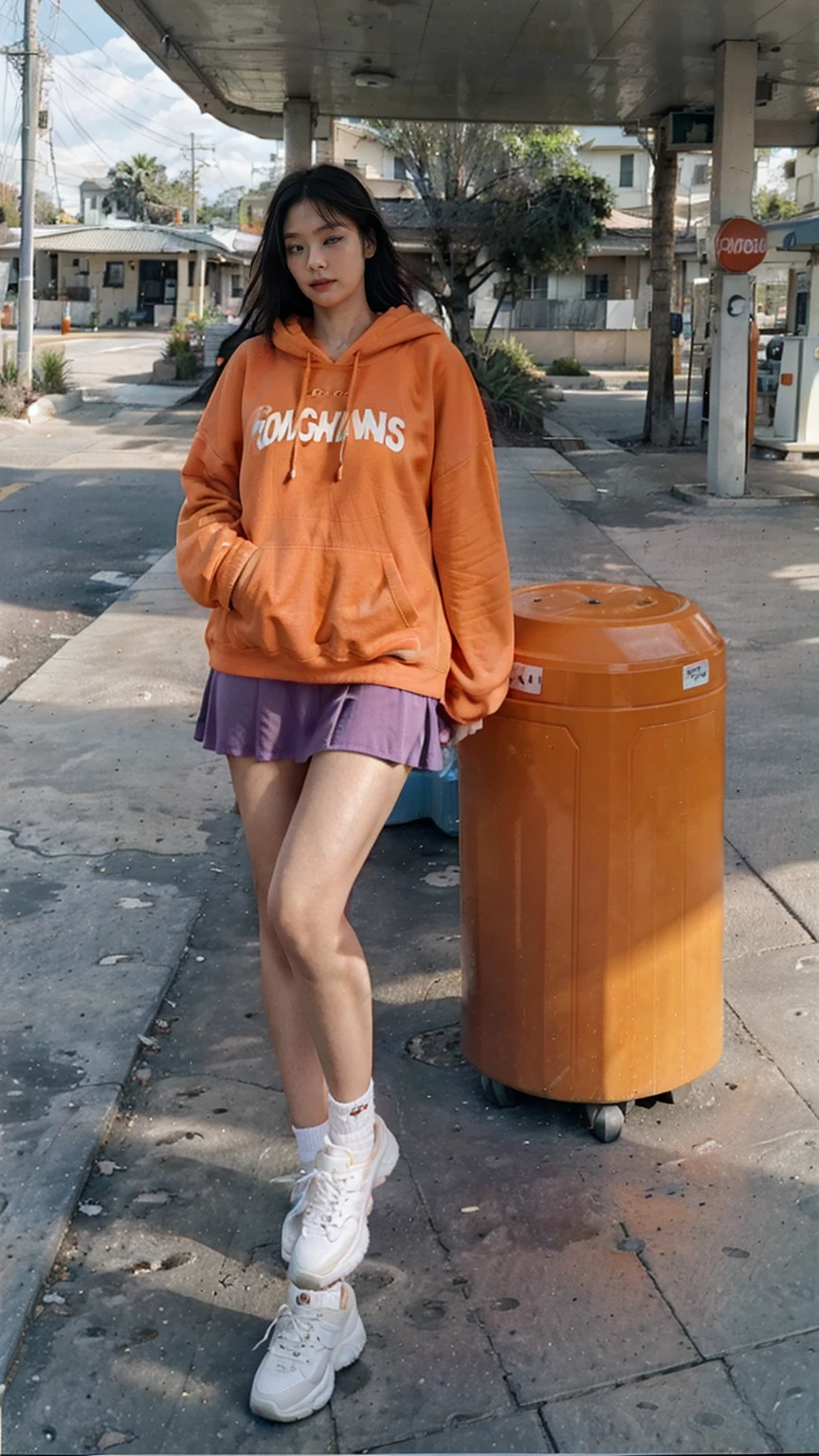 (medium cinematic shot portrait), of cute 23 yo girl (perfect plump body) ,wear ((orange color oversized_hoodie)), wear ((purple tennis skirt)),looking front,Best Quality,Masterpiece,Ultra High Resolution,(Realisticity:1.4),Original Photo, 1Girl, light leak,ultra high resolution,UHD,beautiful, (black bob hair), almond eye, no makeup, looking at camera,in front of ((80's colorful gas station)), (realistic:1.2), (surreal:1.3), (very detailed:1.1), ((masterpiece)),summer, blue sky, palm trees,sunny, los angles vibes,film camera, 800mm lens,style of Philip Lorca diCorcia