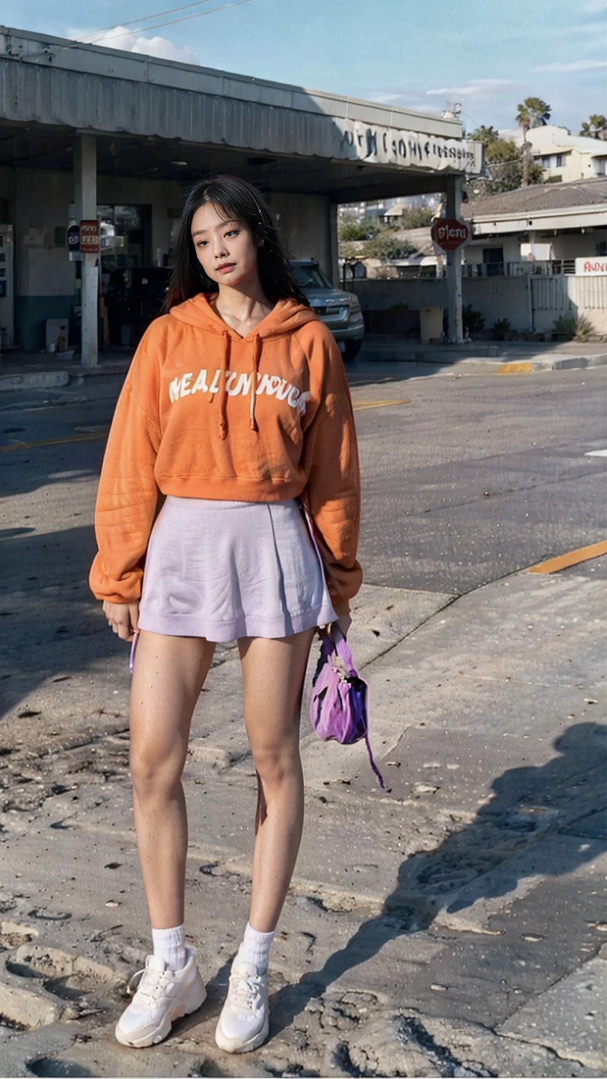 (medium cinematic shot portrait), of cute 23 yo girl (perfect plump body) ,wear ((orange color oversized_hoodie)), wear ((purple tennis skirt)),looking front,Best Quality,Masterpiece,Ultra High Resolution,(Realisticity:1.4),Original Photo, 1Girl, light leak,ultra high resolution,UHD,beautiful, (black bob hair), almond eye, no makeup, looking at camera,in front of ((80's colorful gas station)), (realistic:1.2), (surreal:1.3), (very detailed:1.1), ((masterpiece)),summer, blue sky, palm trees,sunny, los angles vibes,film camera, 800mm lens,style of Philip Lorca diCorcia