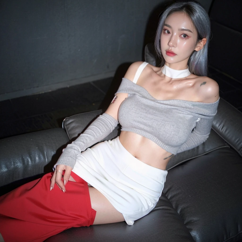 best quality, ultra high res, (photorealistic:1.4), 1girl, off-shoulder white shirt, black tight skirt, black choker, (faded ash gray hair:1), medium breasts, looking at viewer, closeup