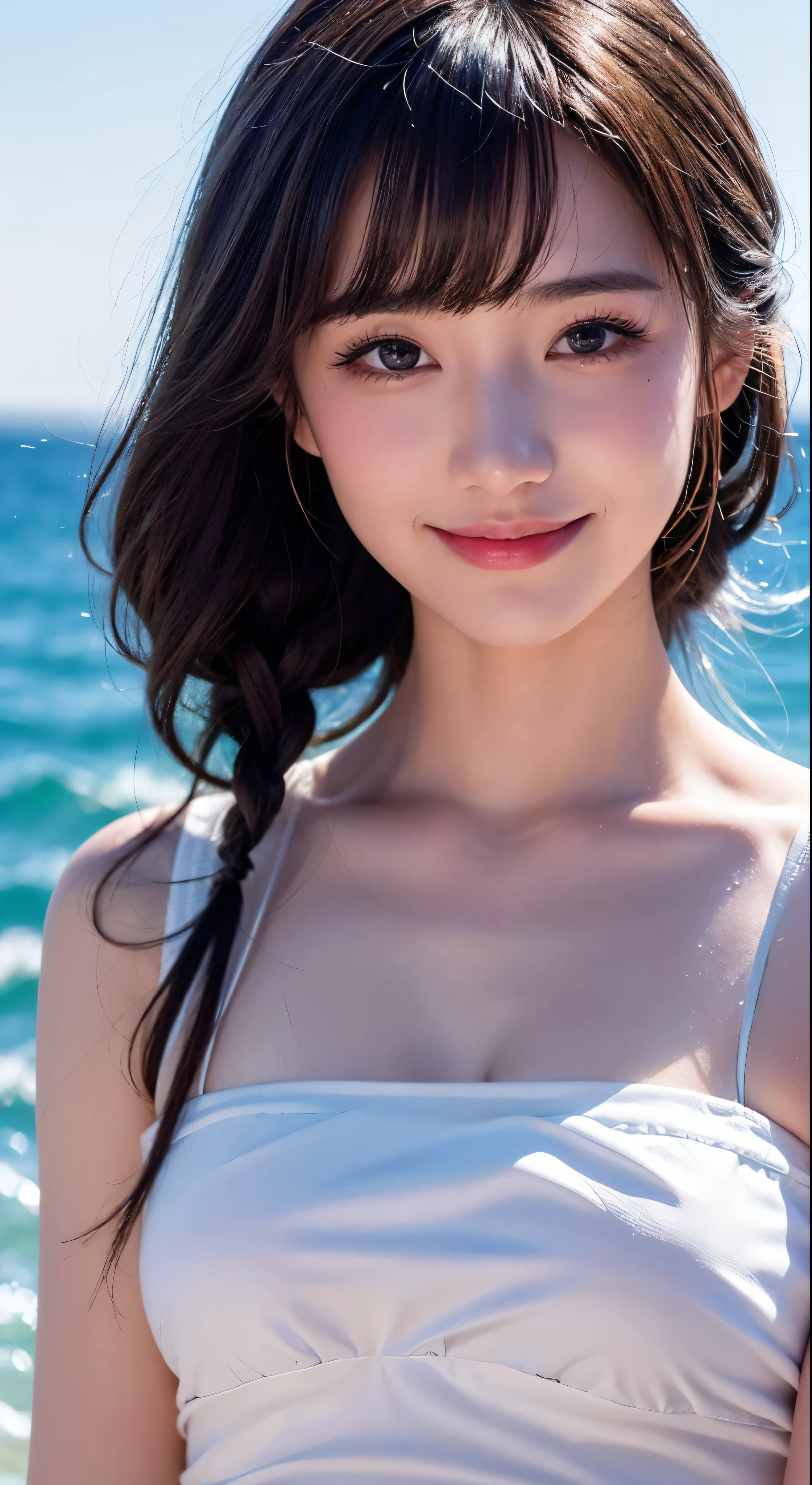 Best Quality, Masterpiece, Ultra High Resolution, (Film Grain: 1.4), Digital Photography, Bangs, Film Lighting, (Fuji Color: 1.2) Portrait,, 1 girl, solo, facing the audience, smiling, (face close-up), clear pores, looking at the audience, ocean background (realistic: 1.2)