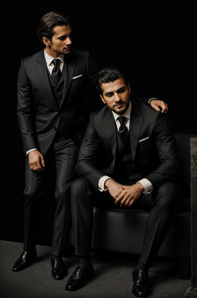 Cabservero on a black background with an elegant suit and next to him a friend resting his elbow on the cansebero's shoulder