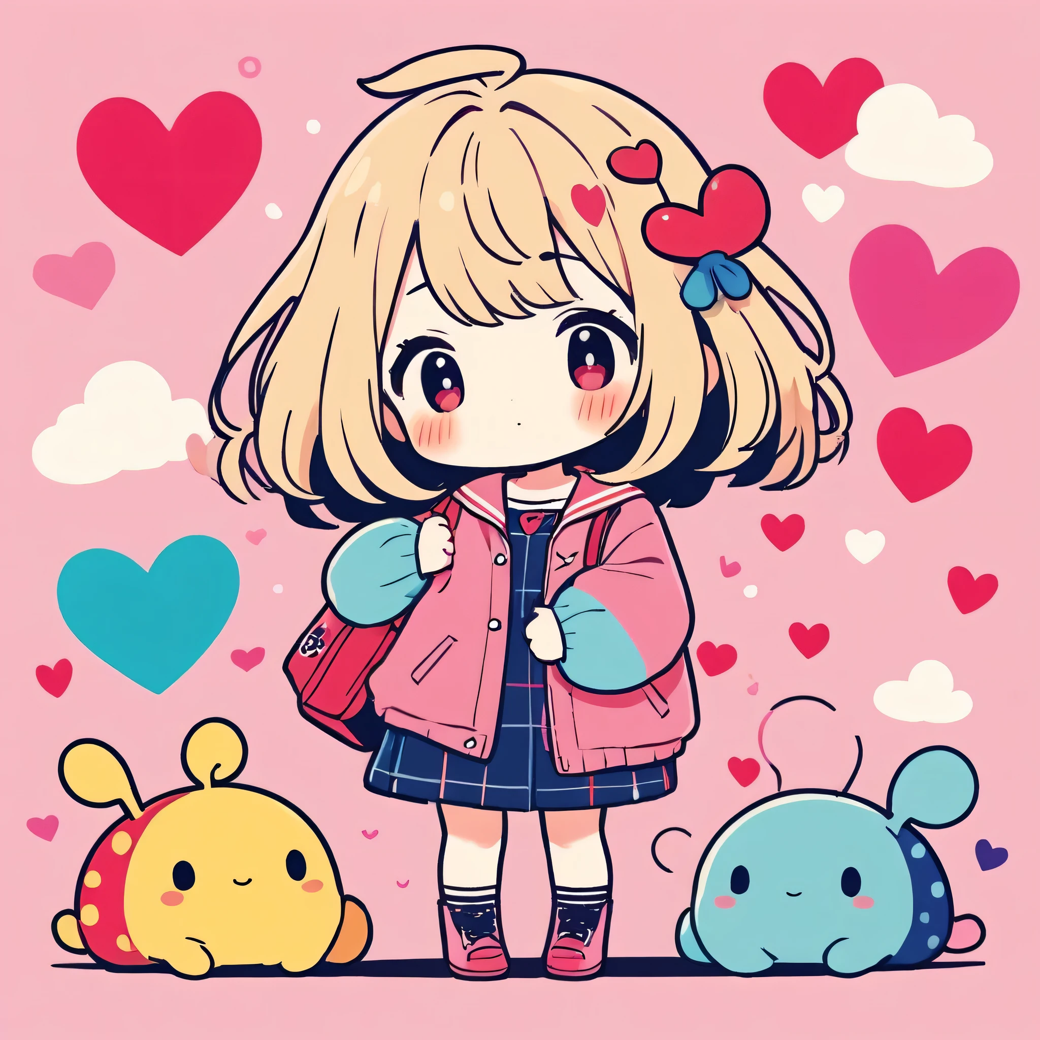 Momoko Sakura colorful style, Simple Line Initialism，Abstract art，Kawaii Design, The most beautiful girl of all time、chibi, (((Hug chibi))), (((Cute pillbugs))), colorful hearts, summer version,