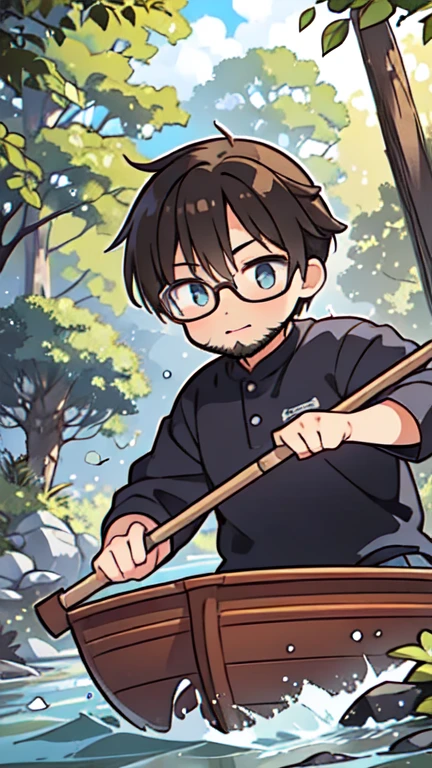 (Little), One boy, beard, Glasses, obesity, A scene of an explorer canoeing down a river。The canoe moves along the river、Depicts expedition team working together on a row。The surrounding area is covered with lush greenery and foliage.、Place the animals so that they can be seen from a distance.。The water droplets sparkle in the sunlight、Highlight the beauty of nature, such as the sound of birds singing。